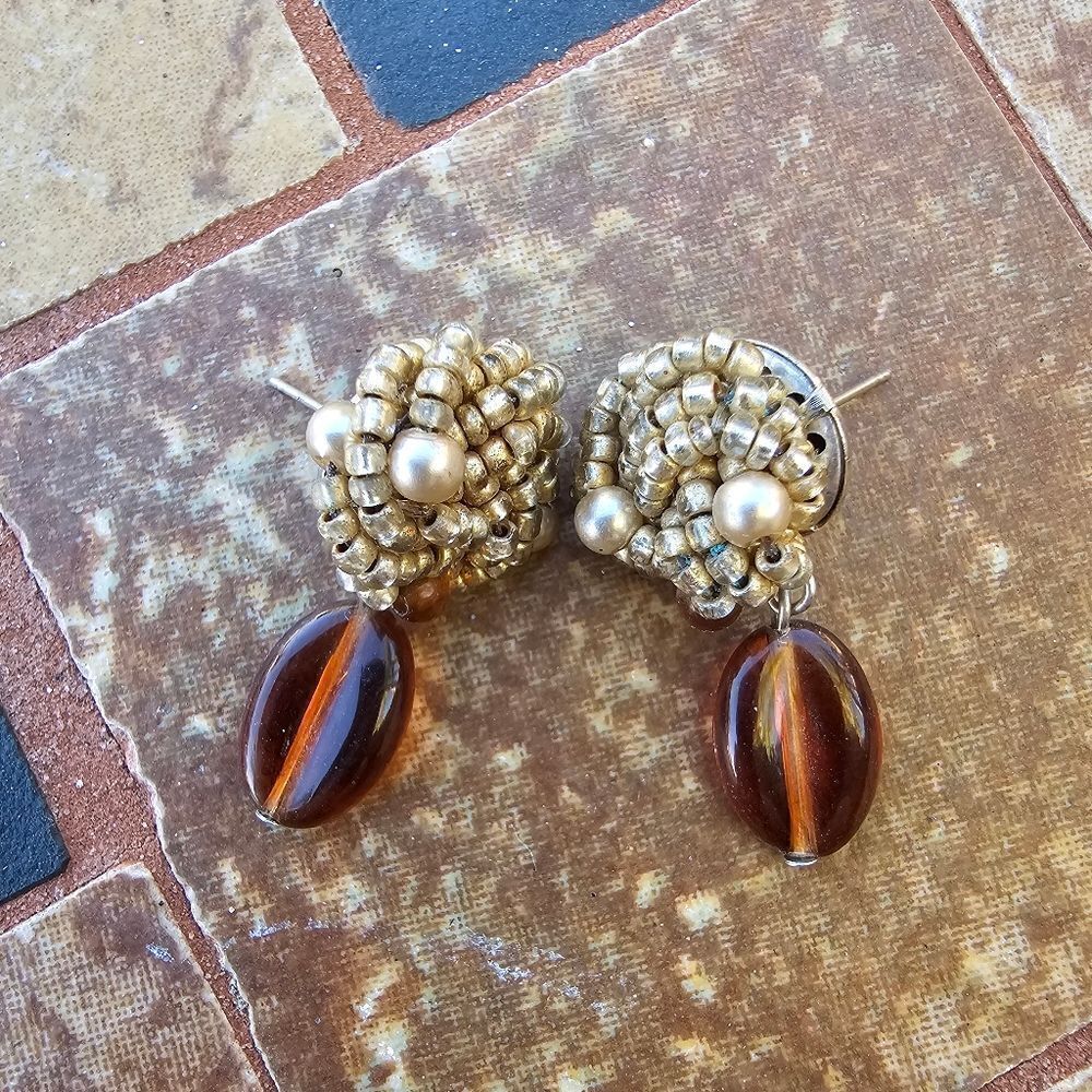 Vintage Faux Pearl and Lucite Dangle Post Back Beaded Earrings